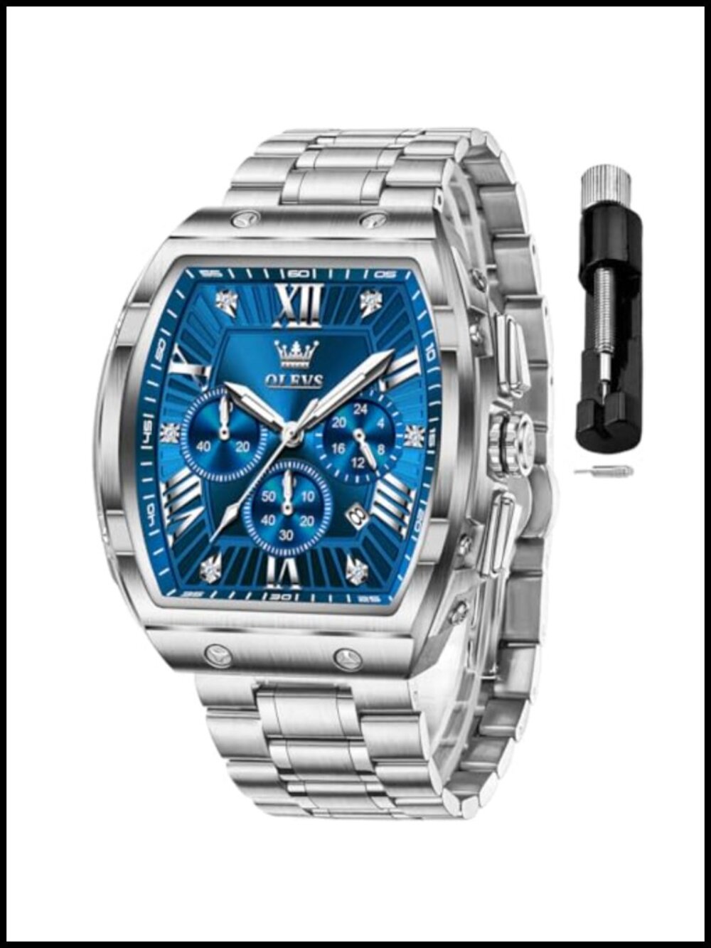 Mens Analog Chronograph Watch Square Dress Stainless Steel Waterproof Luminous